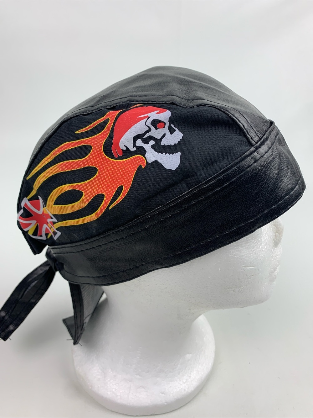 Black Skull & Flames faux Leather Do-rag Bandana biker hat cap wrap